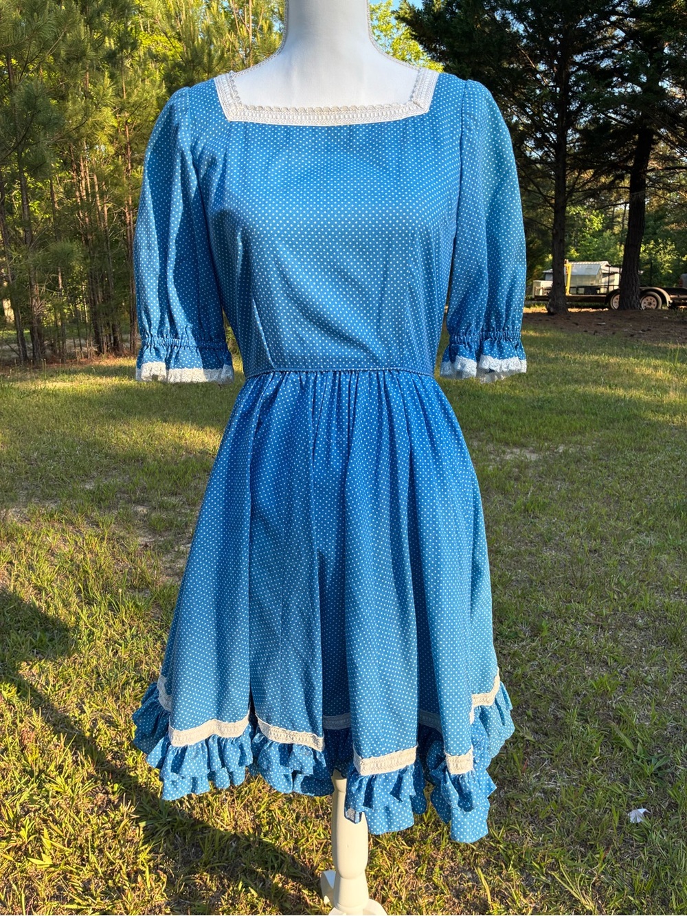 Vintage 1970s Handmade Prairie Dress Blue Polka Dot Lace Trim Cottagecore